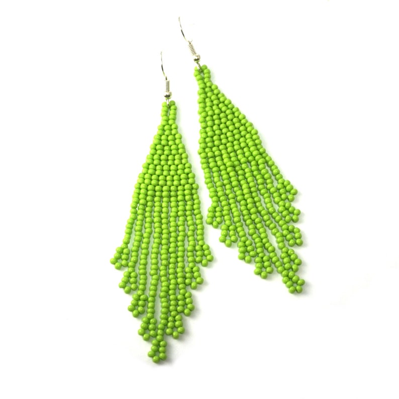 Lime green Boho beaded earrings for women Beaded long | Etsy