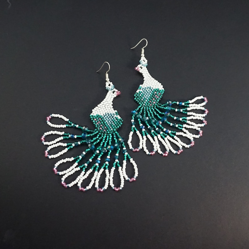 Emerald Green Peacock Earrings Avant Garde Bird Earrings Bohemian Earrings Modern Fashion Hippie Long Dangle Beaded Earrings Statement