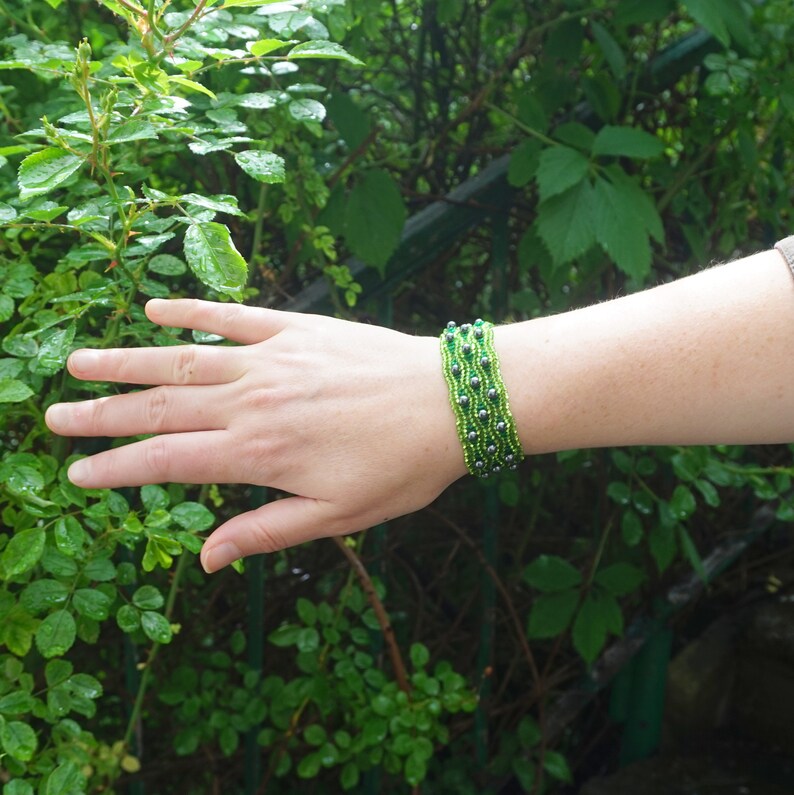 Nature Greenery Bracelet Hematite Dainty Boho Cuff Bracelet Green Beaded Unique OOAK Bracelet Seed Bead Woven Peridot Green Jewelry