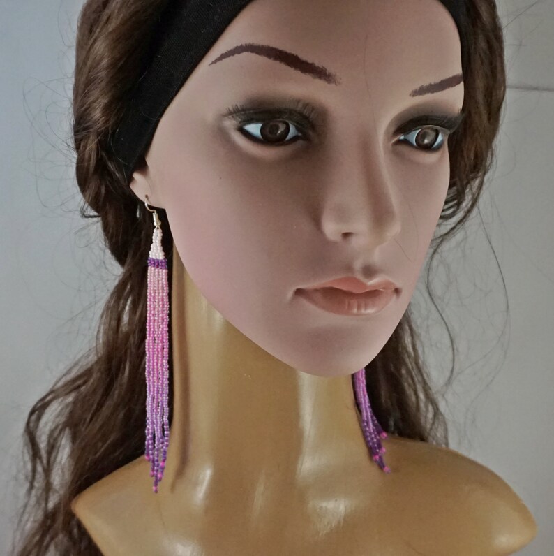 Pink Dangle Earrings Fringe Beaded Tassels Boho Earrings Etsy