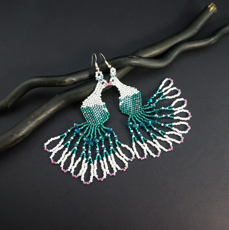 Emerald Green Peacock Earrings Avant Garde Bird Earrings Bohemian Earrings Modern Fashion Hippie Long Dangle Beaded Earrings Statement