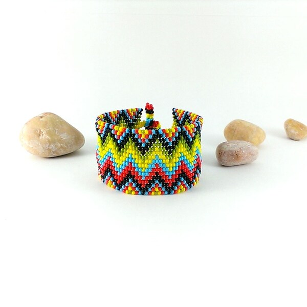 Beadwoven bracelet Ethnic style beaded jewelry Multi colored Native style Wide seed bead bracelet Beadwork cuff beads bracelet Zigzag