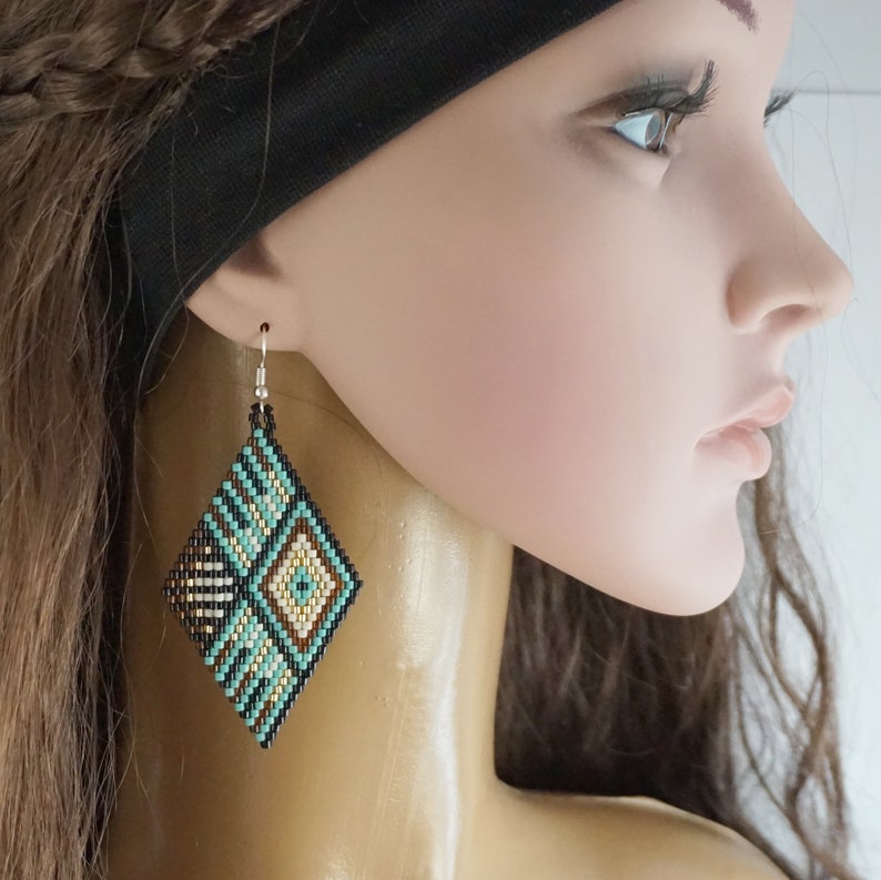 Boho Dangle Earrings Geometric Stripe Tribal Bohemian Earrings Big Everyday Statement Seed Bead Earring Beaded Goldfish Earrings Handmade