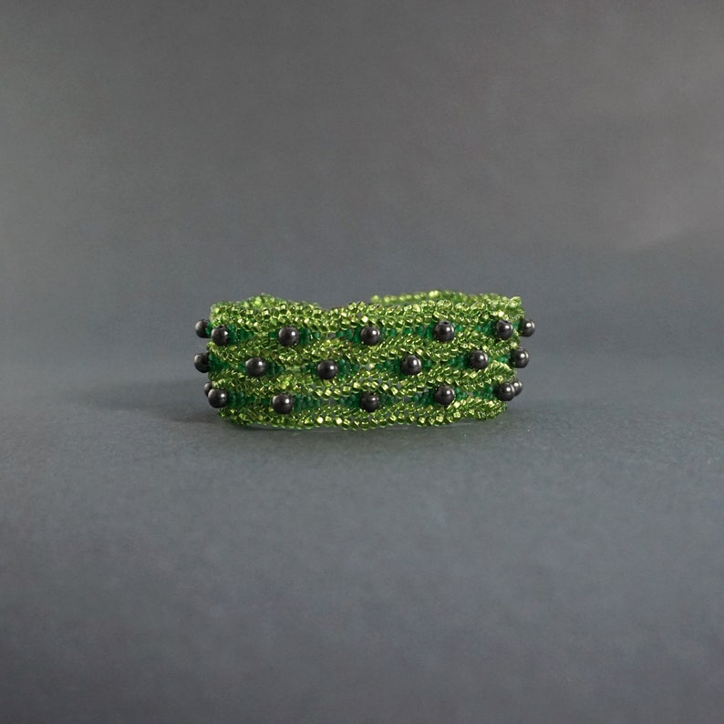 Nature Greenery Bracelet Hematite Dainty Boho Cuff Bracelet Green Beaded Unique OOAK Bracelet Seed Bead Woven Peridot Green Jewelry