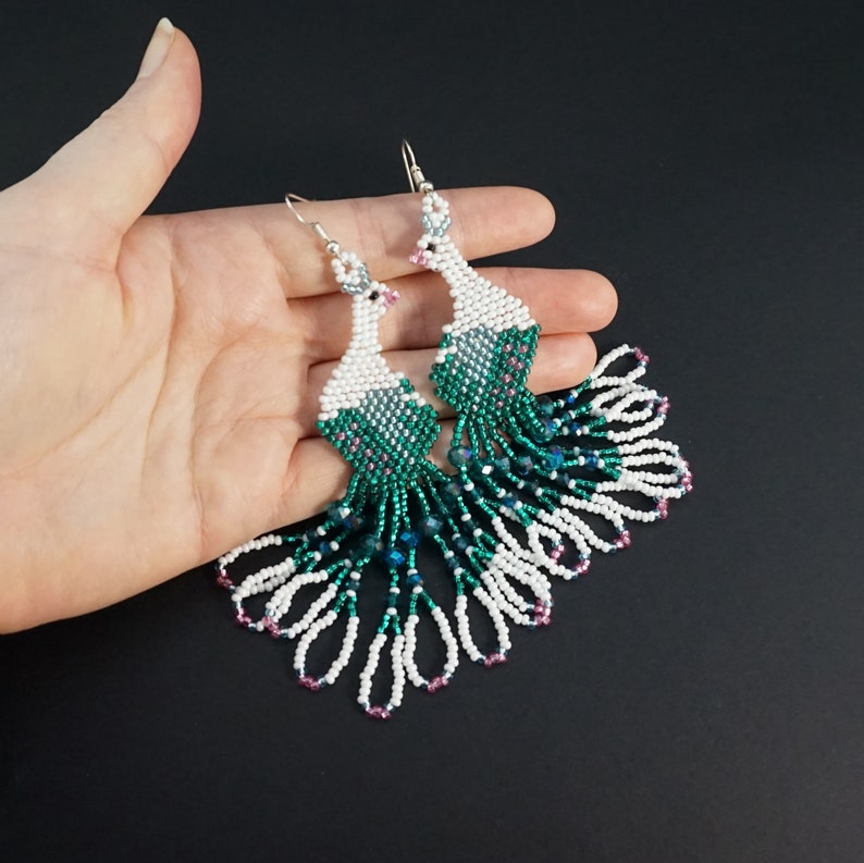 Emerald Green Peacock Earrings Avant Garde Bird Earrings Bohemian Earrings Modern Fashion Hippie Long Dangle Beaded Earrings Statement