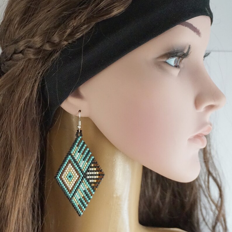 Boho Dangle Earrings Geometric Stripe Tribal Bohemian Earrings Big Everyday Statement Seed Bead Earring Beaded Goldfish Earrings Handmade
