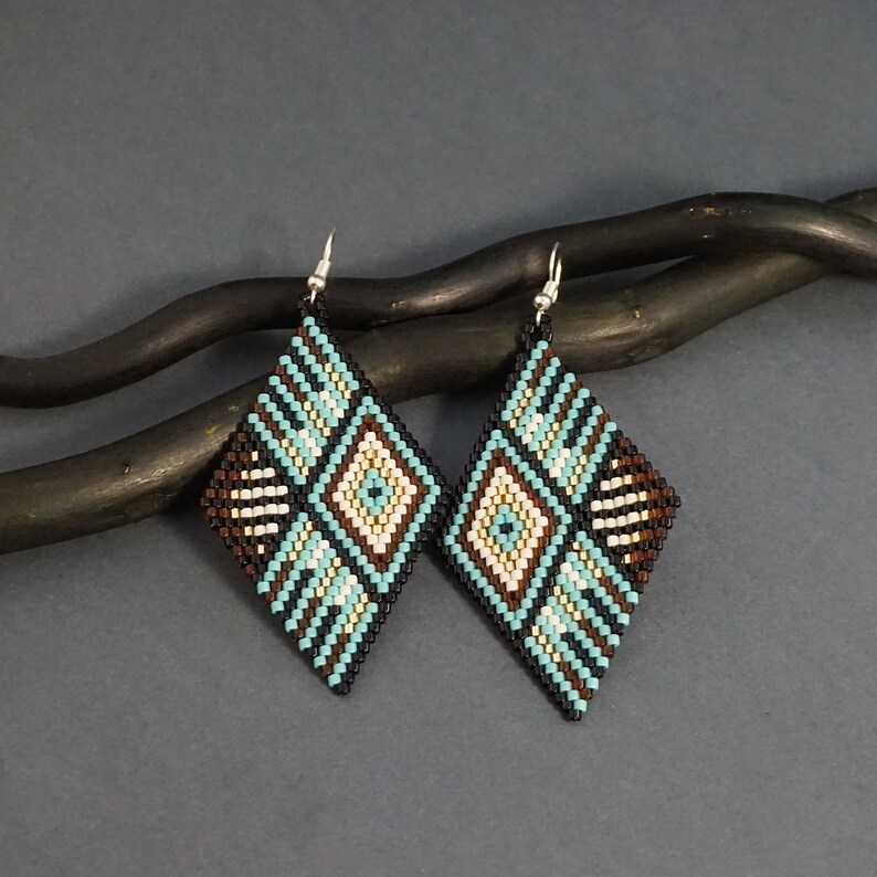 Boho Dangle Earrings Geometric Stripe Tribal Bohemian Earrings Big Everyday Statement Seed Bead Earring Beaded Goldfish Earrings Handmade