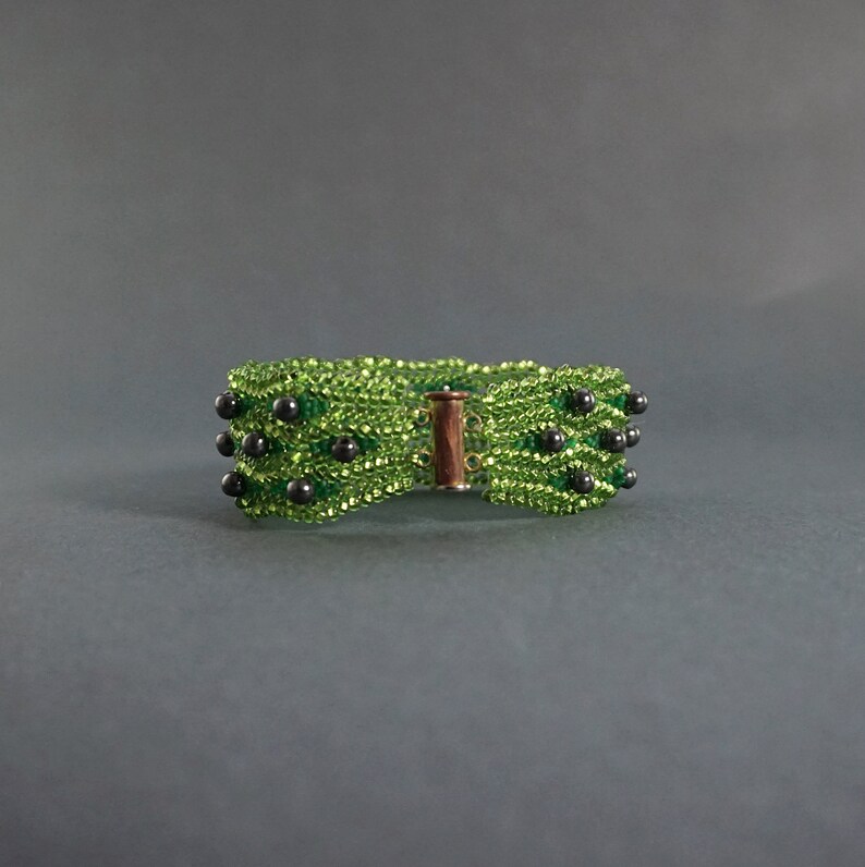 Nature Greenery Bracelet Hematite Dainty Boho Cuff Bracelet Green Beaded Unique OOAK Bracelet Seed Bead Woven Peridot Green Jewelry