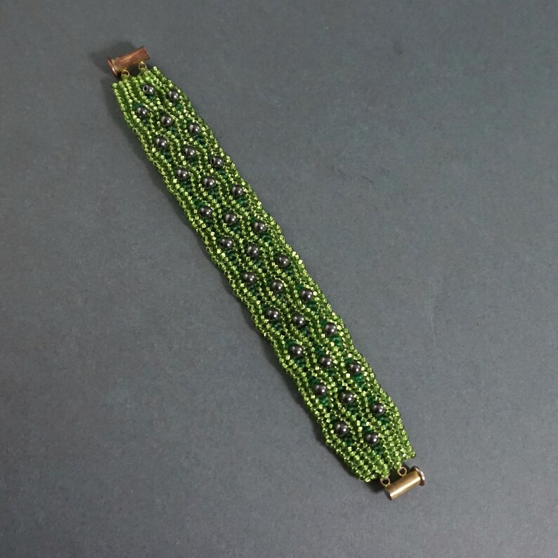 Nature Greenery Bracelet Hematite Dainty Boho Cuff Bracelet Green Beaded Unique OOAK Bracelet Seed Bead Woven Peridot Green Jewelry