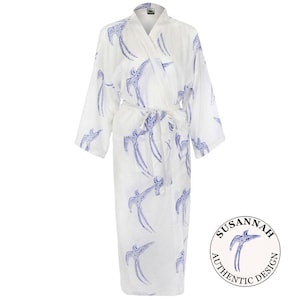 Susannah Cotton Kimono Robe Dressing Gown - Lightweight Bathrobe for Women - 100% Organic Kimono Robe. Hand-printed Ladies Yukata - Birds