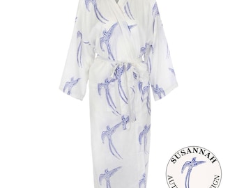 Susannah Cotton Kimono Robe Dressing Gown - Lightweight Bathrobe for Women - 100% Organic Kimono Robe. Hand-printed Ladies Yukata - Birds