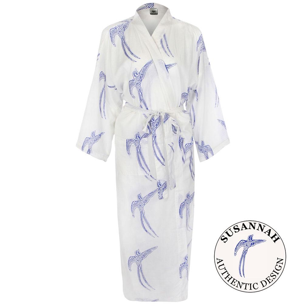 Susannah Cotton Kimono Robe Dressing Gown - Lightweight Bathrobe for Women - 100% Organic Kimono Robe. Hand-printed Ladies Yukata - Birds