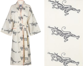 Susannah Cotton Kimono Robe Ladies Dressing Gown - Block Printed 100% Cotton Bathrobe for Women - Fighting Tigers Lightweight Robe