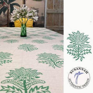 Emerald Green Hand Block Printed Cotton Throw - XL Floral Bedspread - Sage Green Tiger Flower Design - 250x200cm