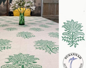 Emerald Green Hand Block Printed Cotton Throw - XL Floral Bedspread - Sage Green Tiger Flower Design - 250x200cm