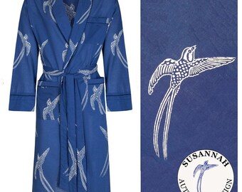 Men's Lightweight Cotton Kimono Robe – Blue Floral Print, Summer Bathrobe