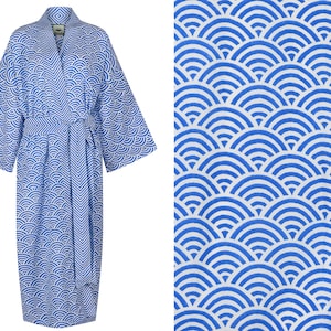 Kimono Robe Yukata - 100% Light Organic Cotton Dressing Gown - Hand Printed Long Robe for Women - Blue Rainbow - All Cotton Ladies Bathrobe