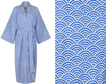 Kimono Robe Yukata - 100% Light Organic Cotton Dressing Gown - Hand Printed Long Robe for Women - Blue Rainbow - All Cotton Ladies Bathrobe