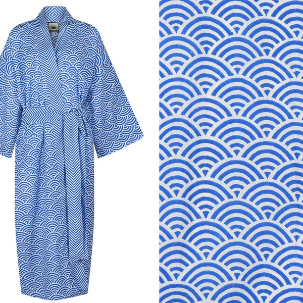 Kimono Robe Yukata - 100% Light Organic Cotton Dressing Gown - Hand Printed Long Robe for Women - Blue Rainbow - All Cotton Ladies Bathrobe