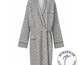 Men's Kimono Dressing Gown - Black Rainbow Wave Cotton Robe - Luxury Gift for Him - Japanese Style Loungewear