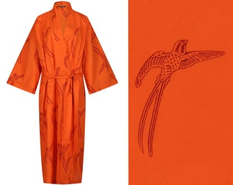 Susannah Cotton Kimono Robe Red Bird Orange Ladies Dressing Gown - Hand Printed 100% Light Organic Cotton | Yukata Bathrobe for Women