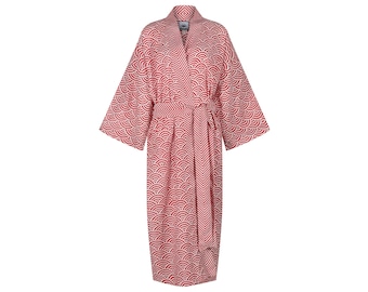 Hand-Printed Cotton Kimono Robe: Red Rainbow Boho Loungewear