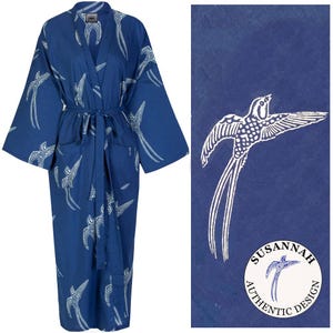 Susannah Cotton Blue Kimono Robe Ladies Dressing Gown - Hand Printed 100% Light Cotton Yukata Bathrobe - Women&#39;s Lightweight Cotton Robe