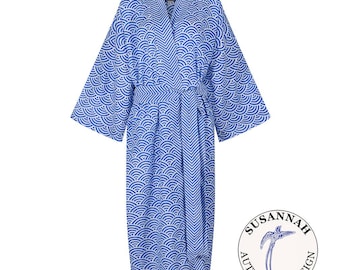 Kimono Robe Yukata - 100% Light Cotton Dressing Gown - Hand Printed Long Robe for Women - Blue Rainbow - All Cotton Ladies Bathrobe