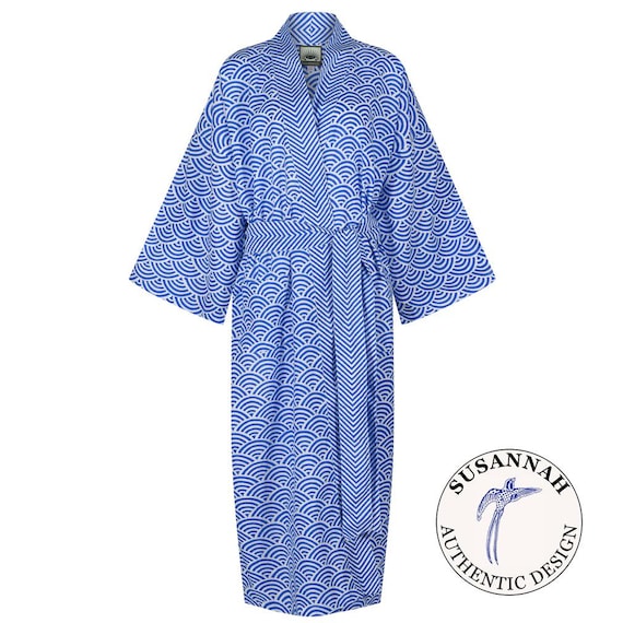 lightweight cotton dressing gown ladies Kimono Robe Yukata - 100% Light - Hand Printed Long Robe for Women - Blue Rainbow - All Cotton Bathrobe summer dressing gown womens