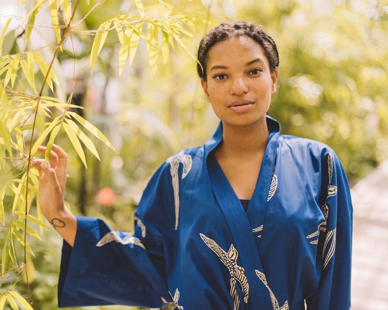 Blue Kimono Robe Ladies Dressing Gown Hand Printed 100 Etsy