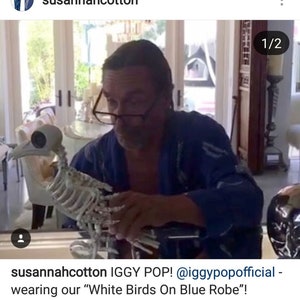 May include: A blue robe with a white bird pattern. The image shows a person wearing the robe and holding a white bird skeleton. The text in the image says "White Birds On Blue Robe".