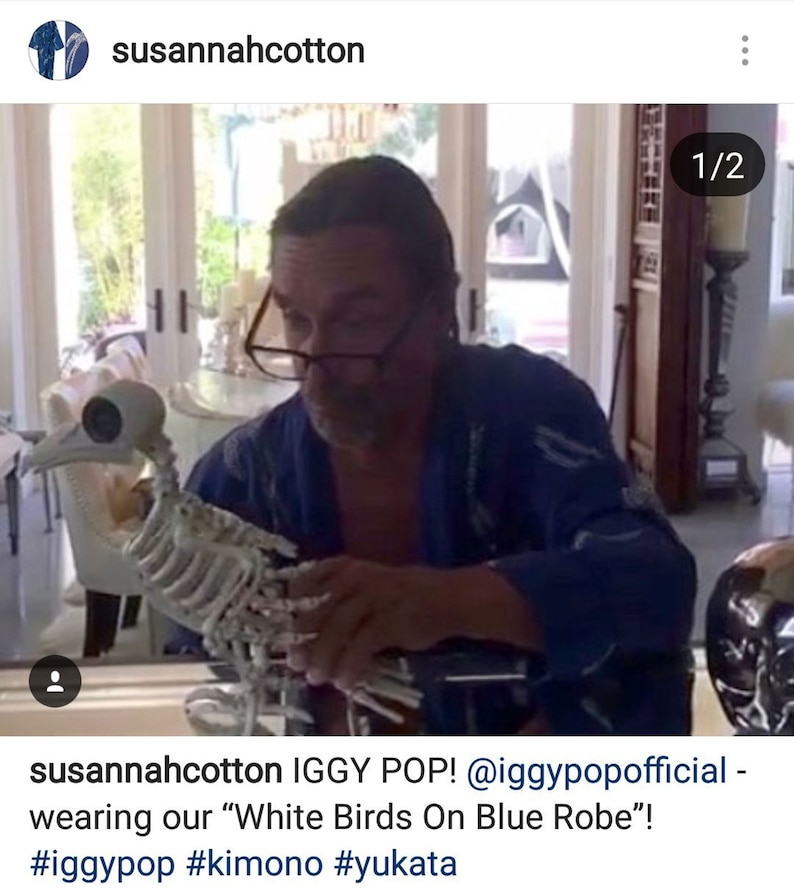 May include: A blue robe with a white bird pattern. The image shows a person wearing the robe and holding a white bird skeleton. The text in the image says "White Birds On Blue Robe".