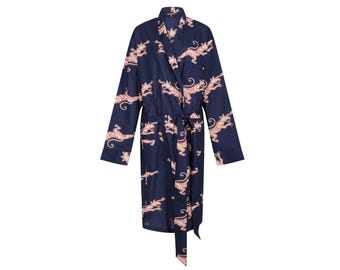 Men's Cotton Dressing Gown - Lightweight Robe - Red Cream & Blue Tigers Robe - Male Bathrobe - 100% Organic Bathrobe Yukata - Kimono for Men