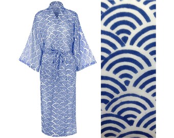 Kimono Robe Cotton Dressing Gown - Boho Katoenen Badjas voor Vrouwen | Lichtgewicht 100% Organisch Katoen. Handbedrukte Lange Grijze Yukata