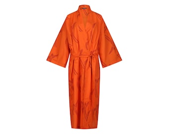 Cotton Kimono Robe: Red Bird, Orange - Lightweight Loungewear Hand-Printed