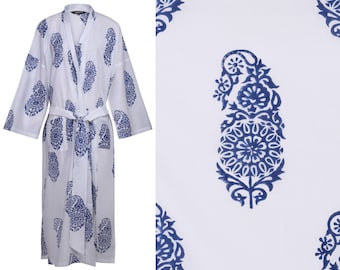 Susannah Cotton "outlet" Kimono Robe Yukata  100% Light Dressing Gown - Hand Printed Long Robe for Women - Blue Paisley - Ladies Bathrobe