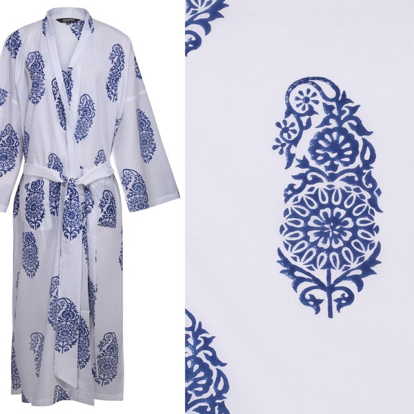 Susannah Cotton Kimono Robe Yukata - Light Dressing Gown - Hand Printed Long Robe for Women - Blue Paisley - 100% Cotton Ladies Bathrobe