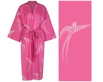 Susannah Cotton Pink Kimono Robe - Handprinted Breathable Fabric Robe - Lightweight Dressing Gown for Women - Dressing Gown Gift For Her