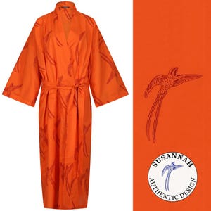 Hand-Printed Cotton Kimono Robe: Red Bird, Orange - Lightweight Loungewear