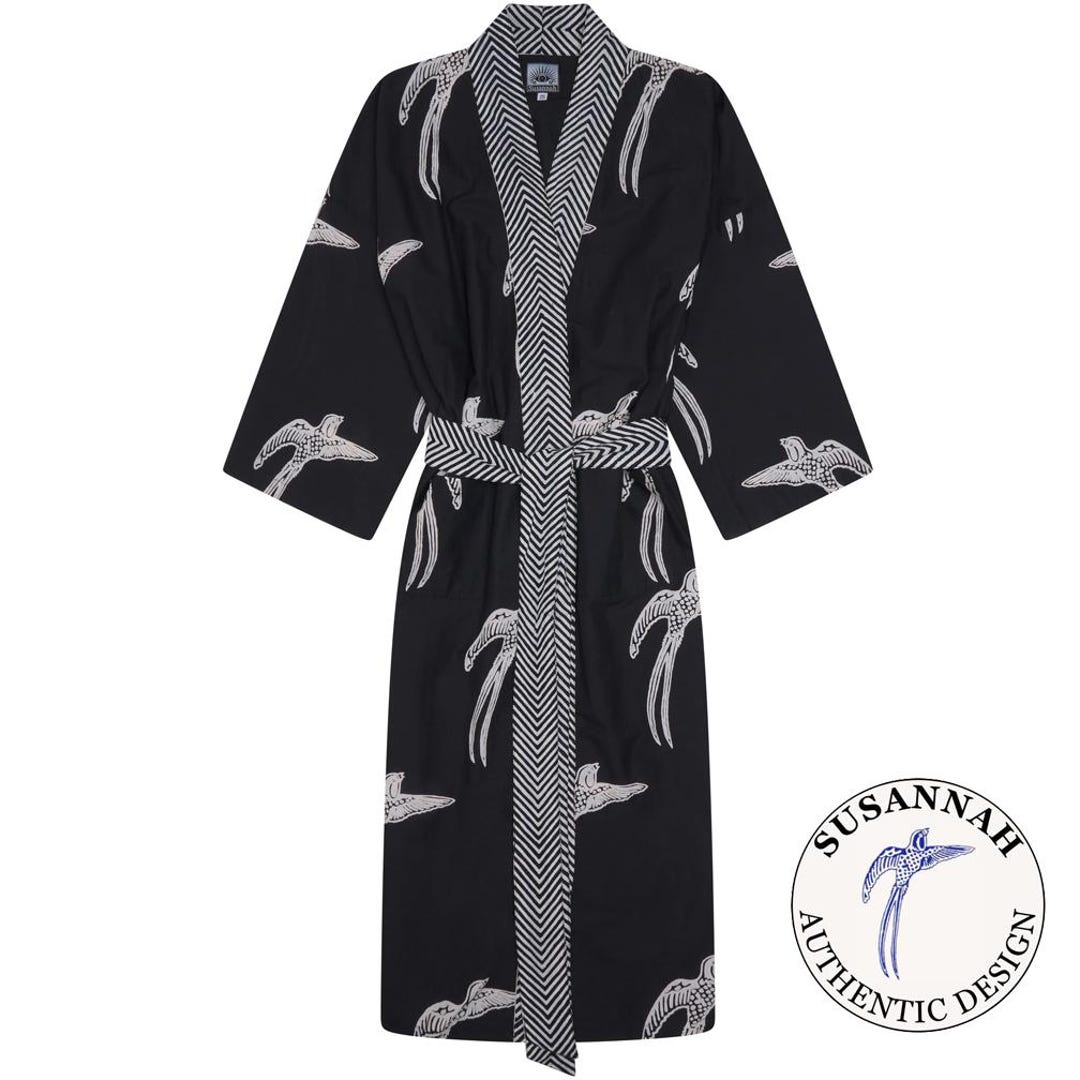 Susannah Cotton Brand - Long Tailed Bird Cotton Kimono Robe: Black Boho ...