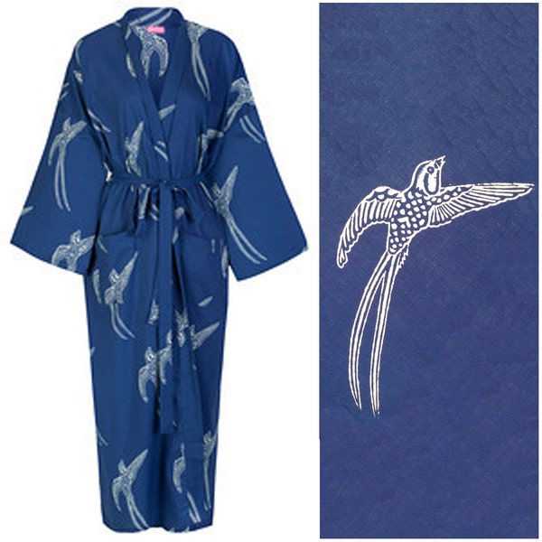 Susannah Cotton Blue Kimono Robe Ladies Dressing Gown - Hand Printed 100% Light Cotton Yukata Bathrobe - Women's Boho Lightweight Robe