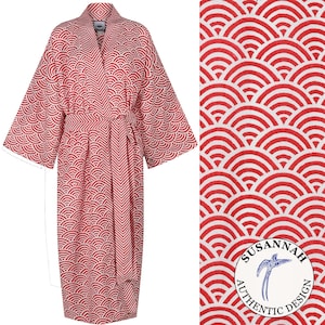 Women&#39;s Kimono Robe Cotton Dressing Gown - Boho Yukata Bathrobe for Women | Lightweight 100% Cotton. Hand-printed Long Red Rainbow