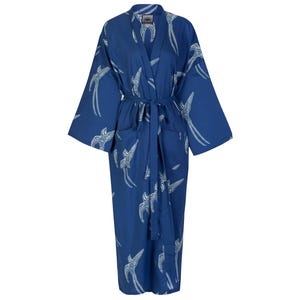 Hand Printed Cotton Kimono Robe: Lightweight Blue Loungewear | Cotton Dressing Gown | Japanese Yukata Robe | Susannah Cotton