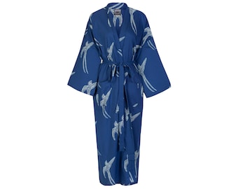 Hand Printed Cotton Kimono Robe: Lightweight Blue Loungewear | Cotton Dressing Gown | Japanese Yukata Robe | Susannah Cotton