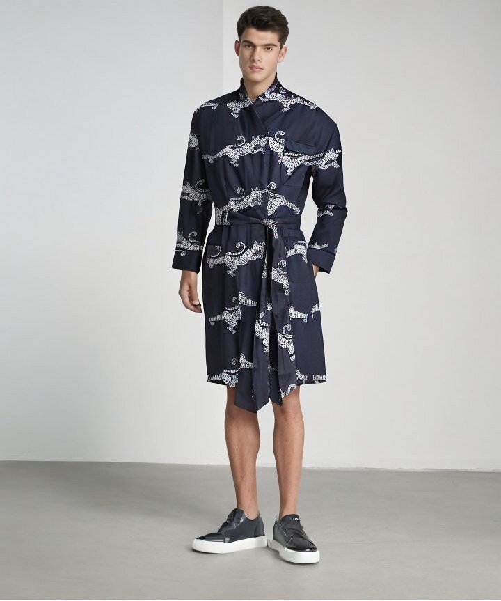Men's Cotton Dressing Gown Lightweight Robe Blue Cream & Grey Tigers