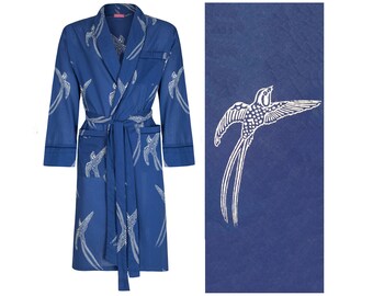 Susannah Cotton Men's Dressing Gown - Lightweight Robe - Dark Blue Bird Robe - Male Bathrobe - 100% Organic Yukata - Kimono Robe for Men