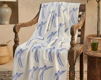 Hand Block Print Cotton Throw Blanket: Long-Tailed Bird Design
