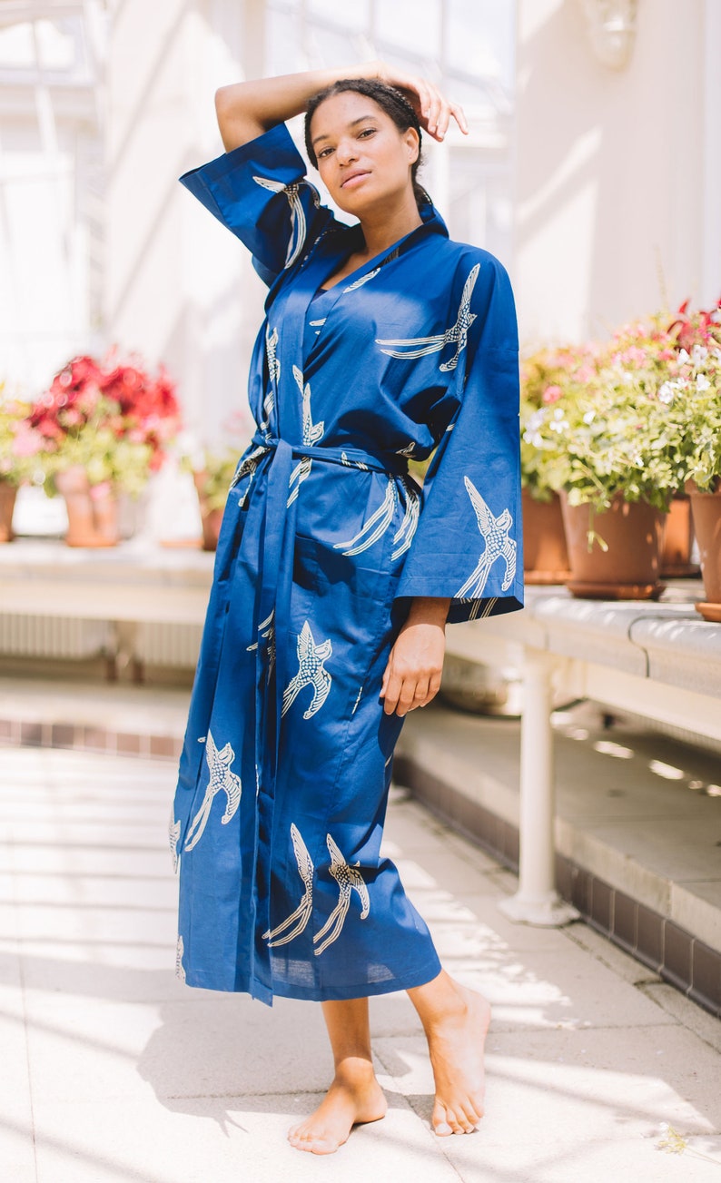 Blue Kimono Robe Ladies Dressing Gown Hand Printed 100 Etsy