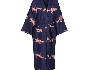 Susannah Kimono Robe Ladies Dressing Gown - 100% Cotton Bathrobe for Women - Tigers Lightweight Robe