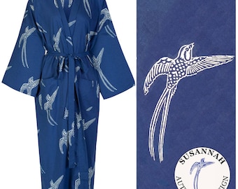Susannah Cotton "Outlet" Kimono Robe Yukata Blue Dressing Gown - Hand Printed 100% Light Cotton Kimono Bathrobe for Women - Women's Yukata